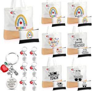 18 Pcs End of Year Teacher Gifts Teacher Appreciation Gifts Canvas Thank You Tote Bag Makeup Bag Keychain for Women Graduation Retirement