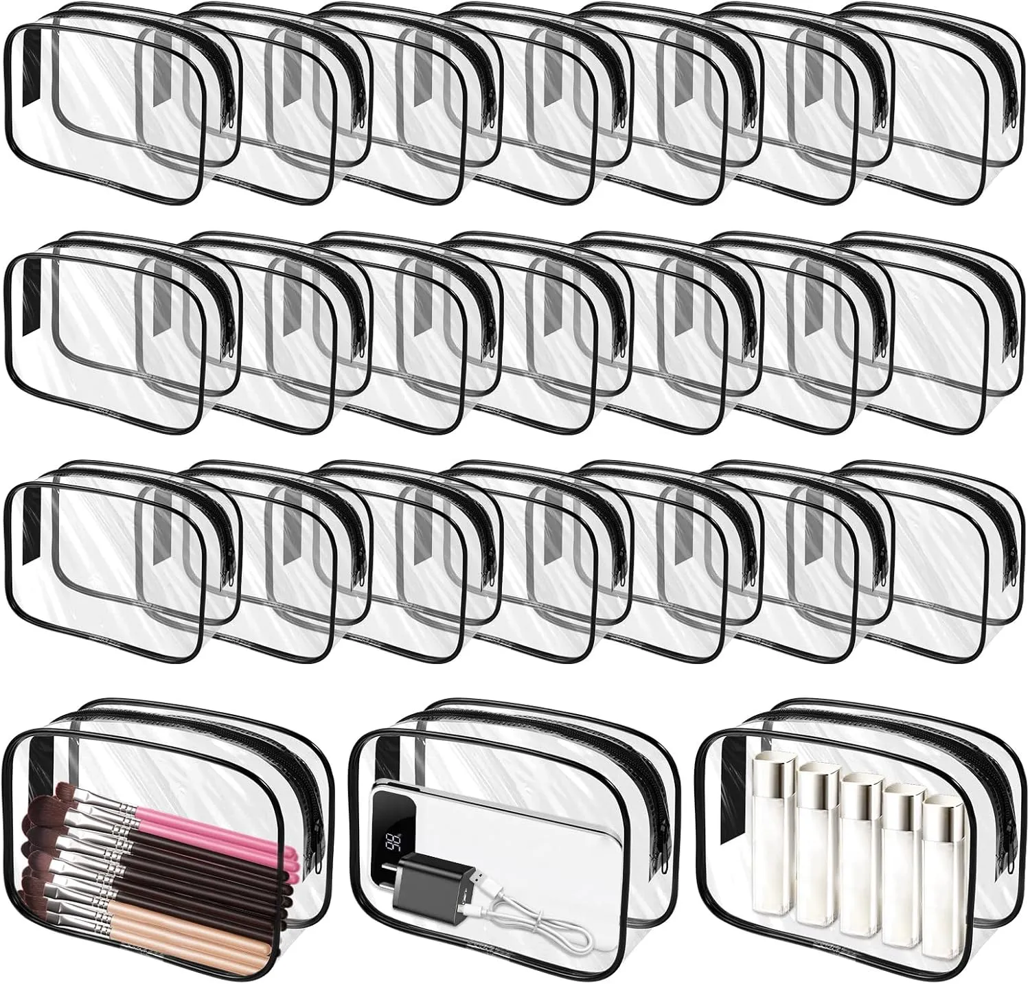24 PCS Clear Makeup Bags Zippered Cosmetic Bag Waterproof Travel Pouch Small Bulk PVC Organizer Case Portable Transparent Toiletry Bag for Women Men Bathroom Vacation