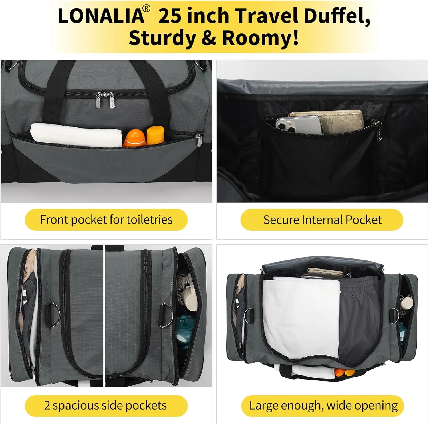 25 in Large Travel Duffel Bag for Men - 56L Roomy Weekender Bag with Trolley Sleeve (Gray)