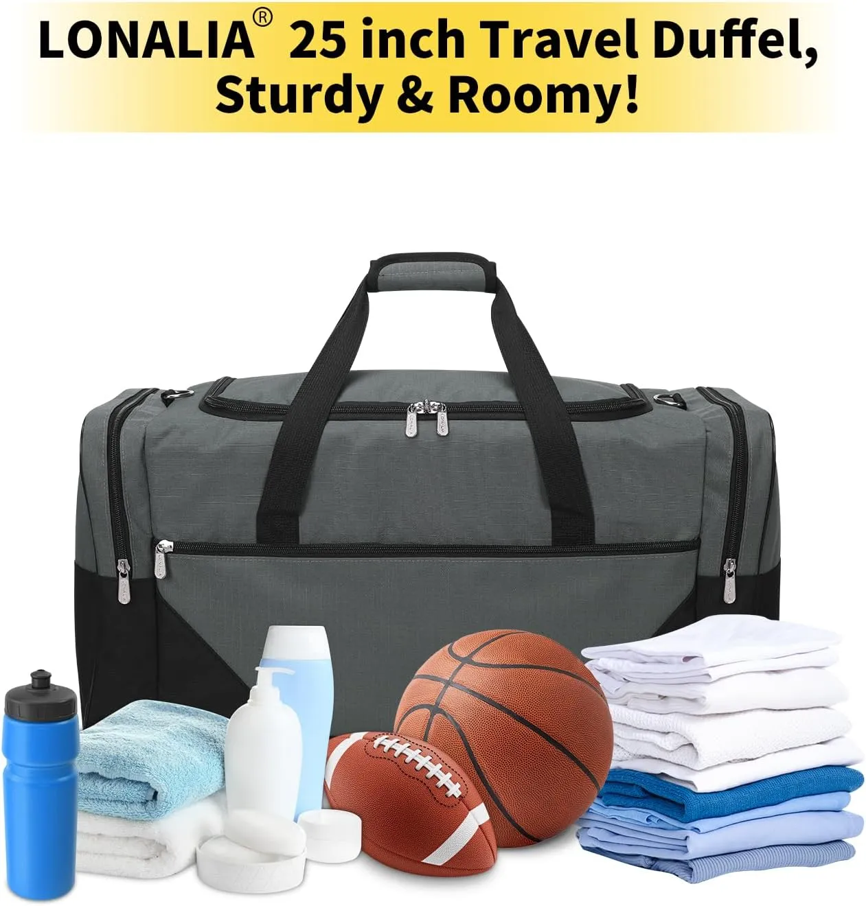 25 in Large Travel Duffel Bag for Men - 56L Roomy Weekender Bag with Trolley Sleeve (Gray)