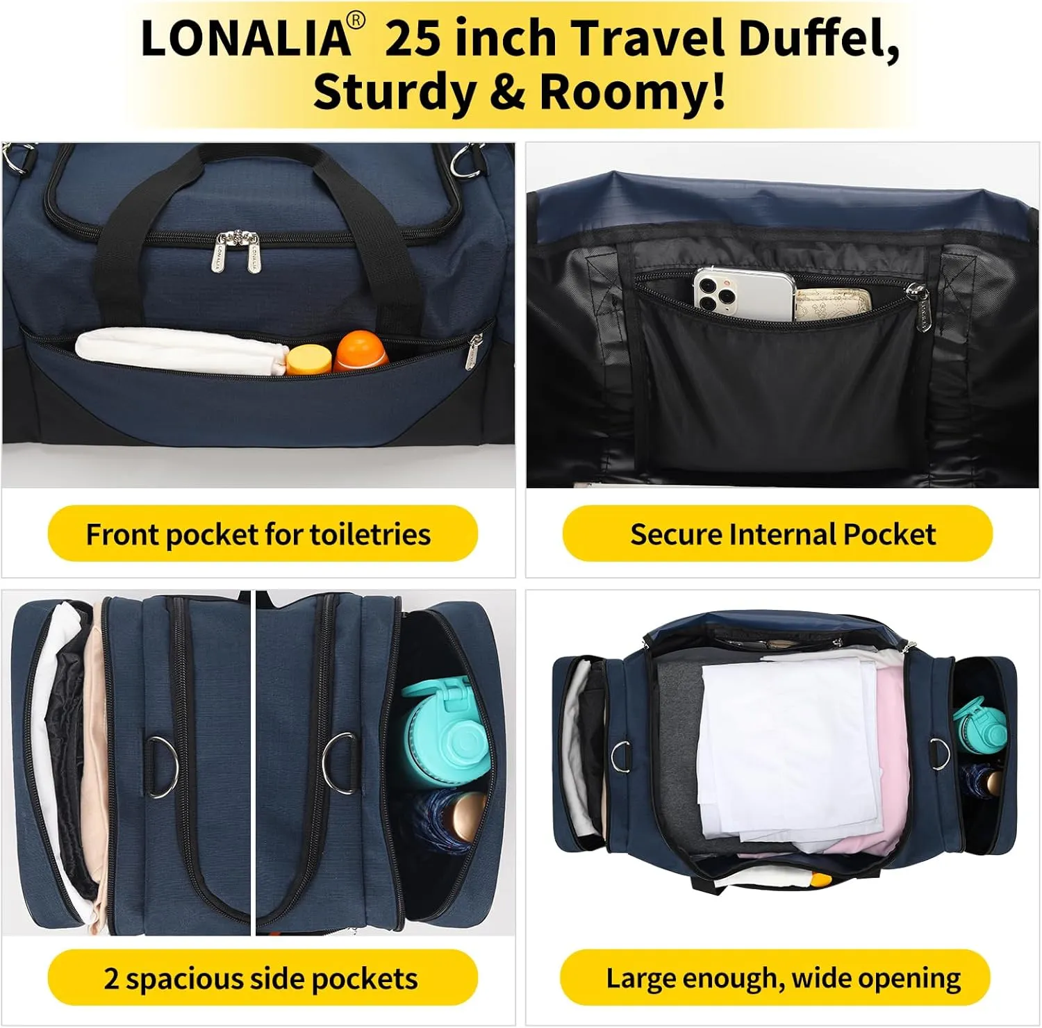 25 in Large Travel Duffel Bag for Men - 56L Roomy Weekender Bag with Trolley Sleeve (Navy)