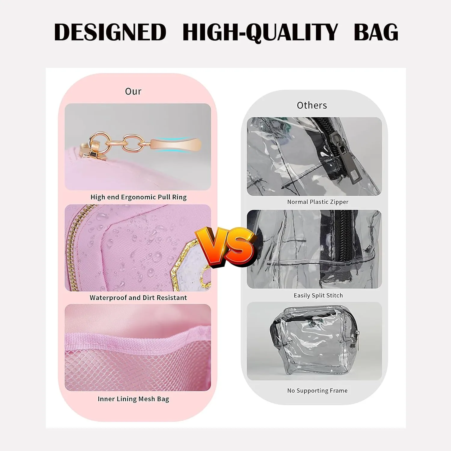 3 Pack Clear Toiletry Bag TSA Approved Organizer Portable Travel Makeup Pouch with Golden Zipper Clear Makeup Bag Cosmetic Organizer Case | Black Z