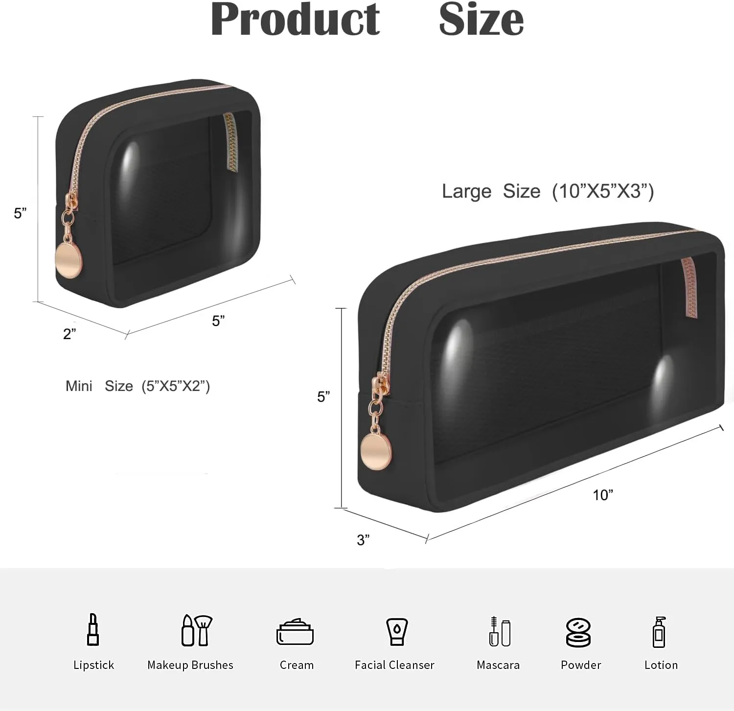 3 Pack Clear Toiletry Bag TSA Approved Organizer Portable Travel Makeup Pouch with Golden Zipper Clear Makeup Bag Cosmetic Organizer Case | Black Z