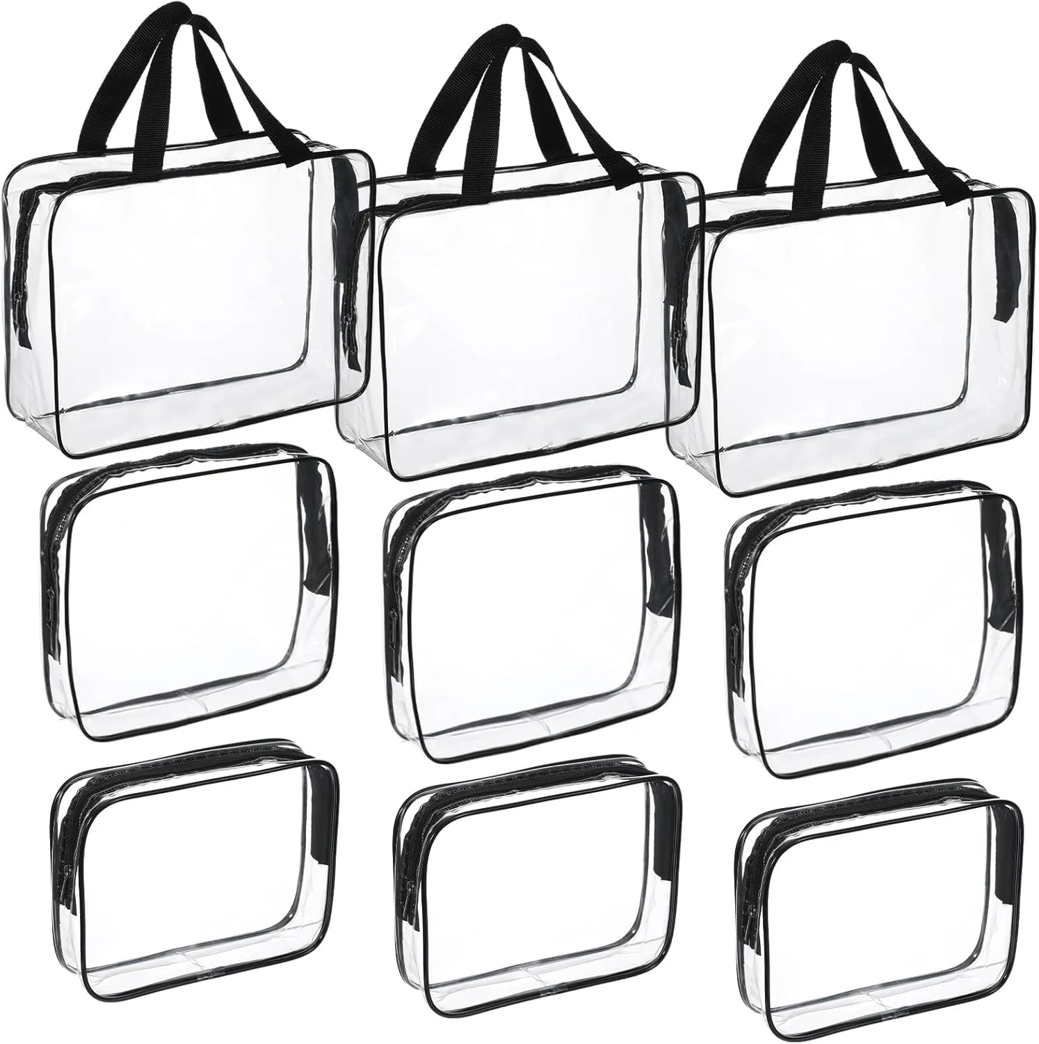9Pcs Clear Bags for Flying, PVC Clear Pouches with Zipper, Quart Size Travel Bag TSA Approved Transparent Zipper Pouches for Women Men, Waterproof Car Bag Organizer Pouch-3 Sizes for Versatile Use