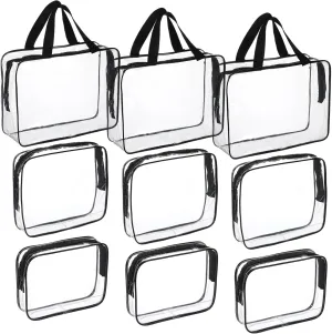 9Pcs Clear Bags for Flying, PVC Clear Pouches with Zipper, Quart Size Travel Bag TSA Approved Transparent Zipper Pouches for Women Men, Waterproof Car Bag Organizer Pouch-3 Sizes for Versatile Use