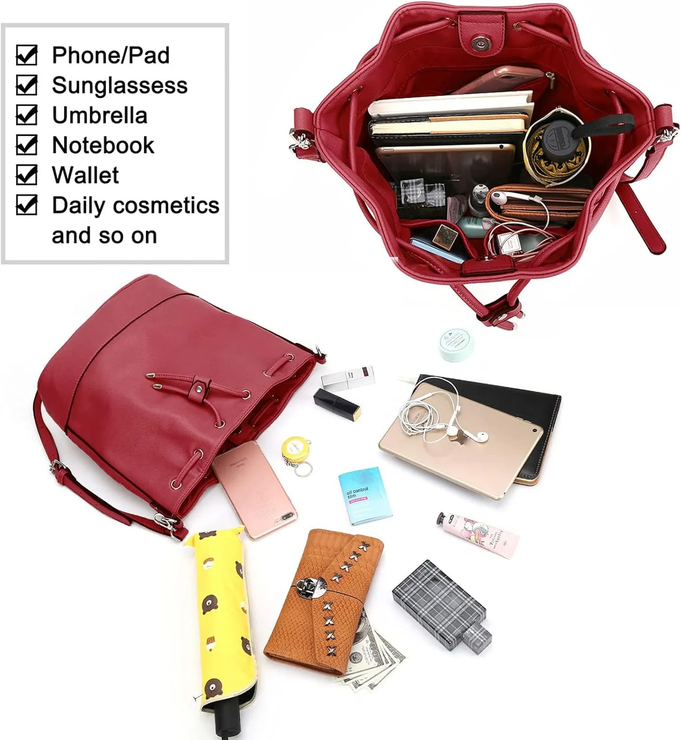 AFKOMST Leather Bucket Bags and Drawstring Crossbody Purse for Women Medium Tote and Hobo Handbags with 2 Shouder Straps