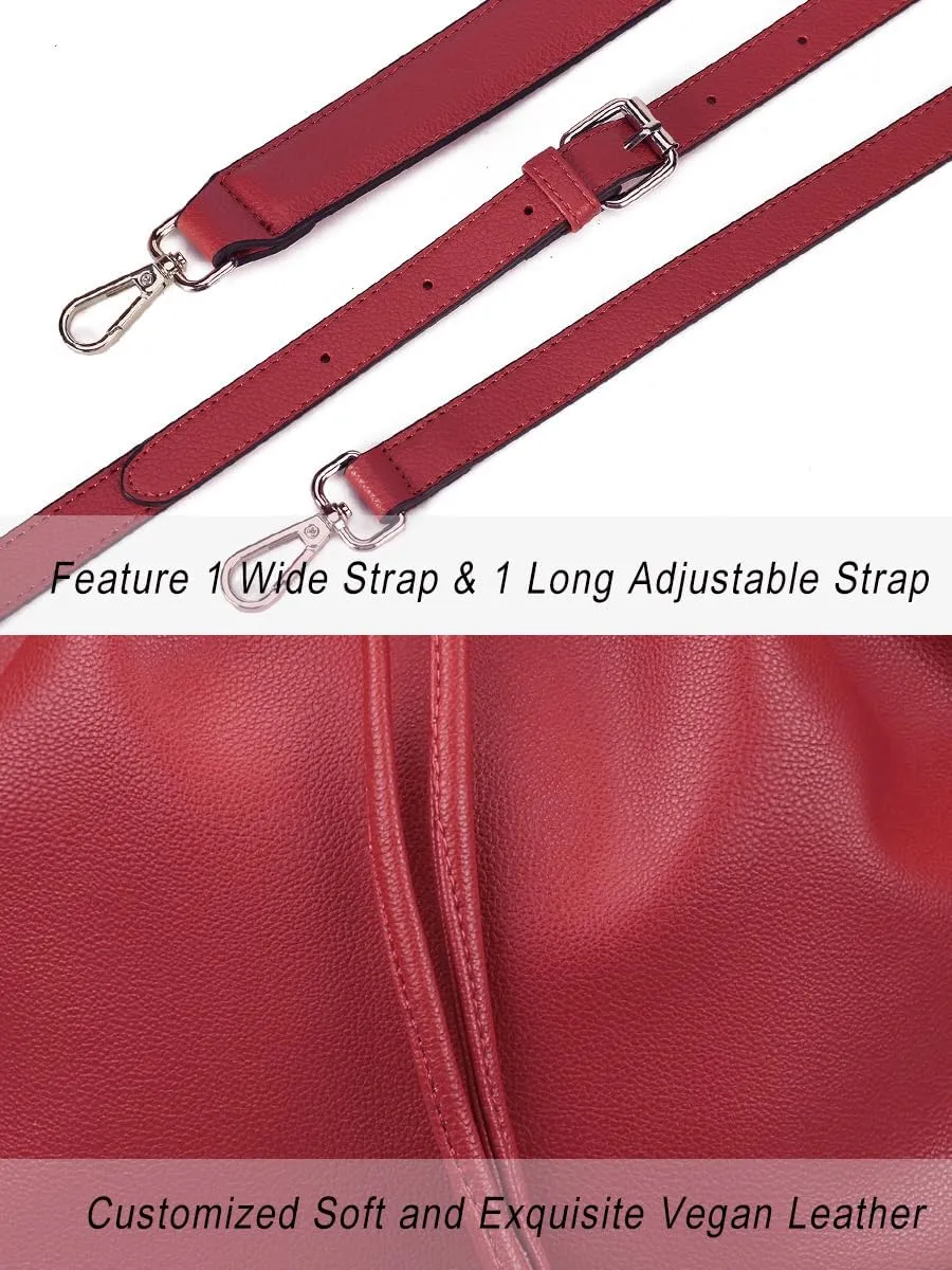 AFKOMST Leather Bucket Bags and Drawstring Crossbody Purse for Women Medium Tote and Hobo Handbags with 2 Shouder Straps