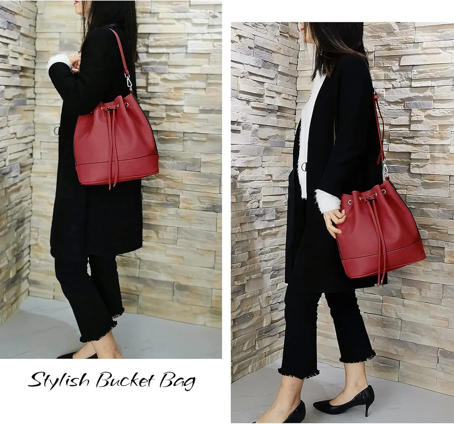 AFKOMST Leather Bucket Bags and Drawstring Crossbody Purse for Women Medium Tote and Hobo Handbags with 2 Shouder Straps