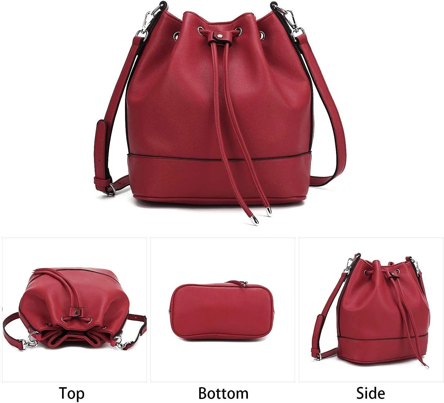 AFKOMST Leather Bucket Bags and Drawstring Crossbody Purse for Women Medium Tote and Hobo Handbags with 2 Shouder Straps