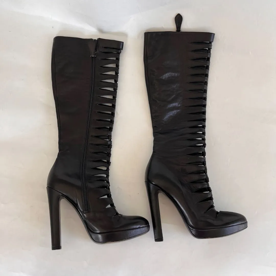 Alaia Black Leather Cutout Knee Length Boots, 37