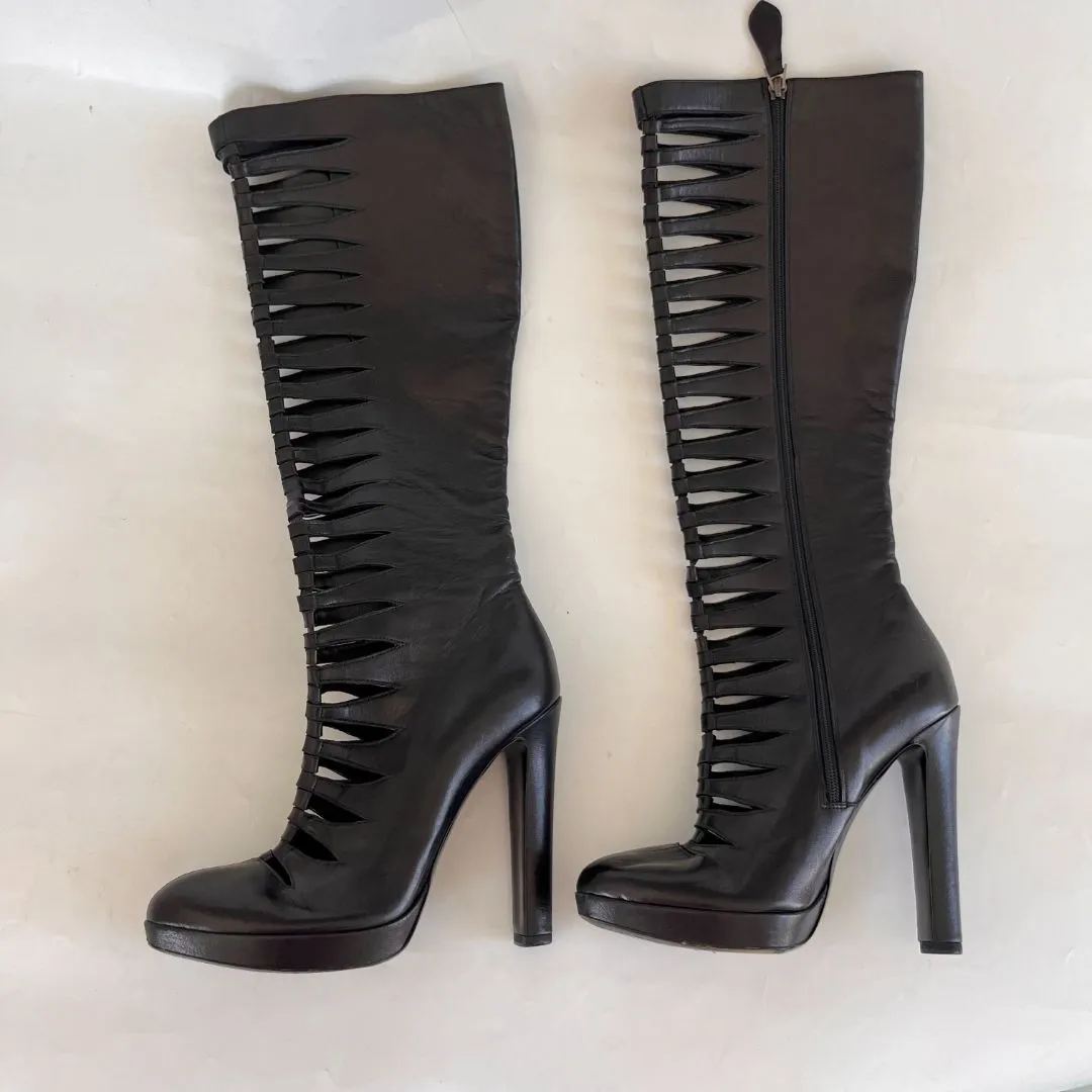 Alaia Black Leather Cutout Knee Length Boots, 37