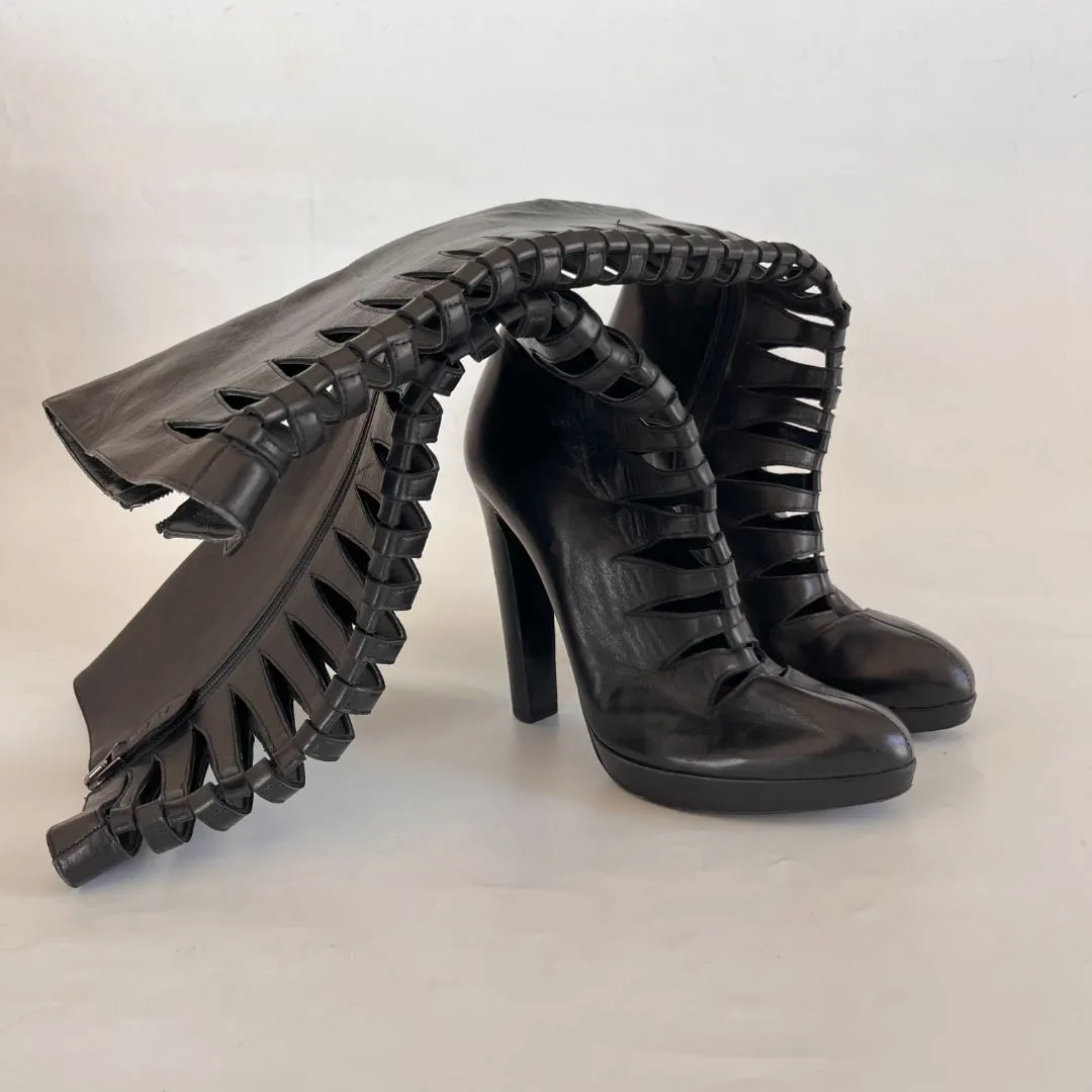 Alaia Black Leather Cutout Knee Length Boots, 37