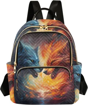 ALAZA Women Mini Backpack Purse Bag Lightweight Casual Daily Travel Backpack Blue and Orange Fire Wolfs Back Pack Fashion Multipurpose Shoulder Bag,M
