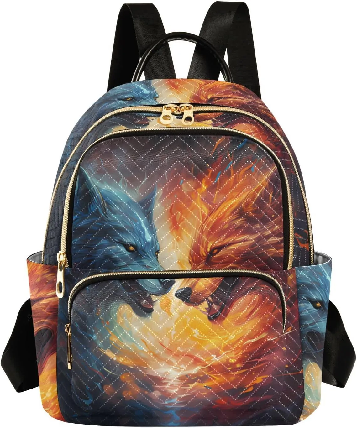 ALAZA Women Mini Backpack Purse Bag Lightweight Casual Daily Travel Backpack Blue and Orange Fire Wolfs Back Pack Fashion Multipurpose Shoulder Bag,M