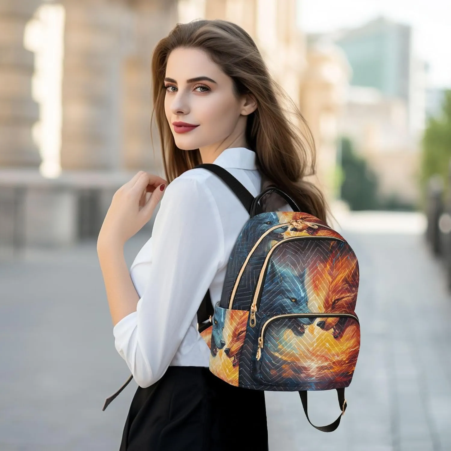 ALAZA Women Mini Backpack Purse Bag Lightweight Casual Daily Travel Backpack Blue and Orange Fire Wolfs Back Pack Fashion Multipurpose Shoulder Bag,M