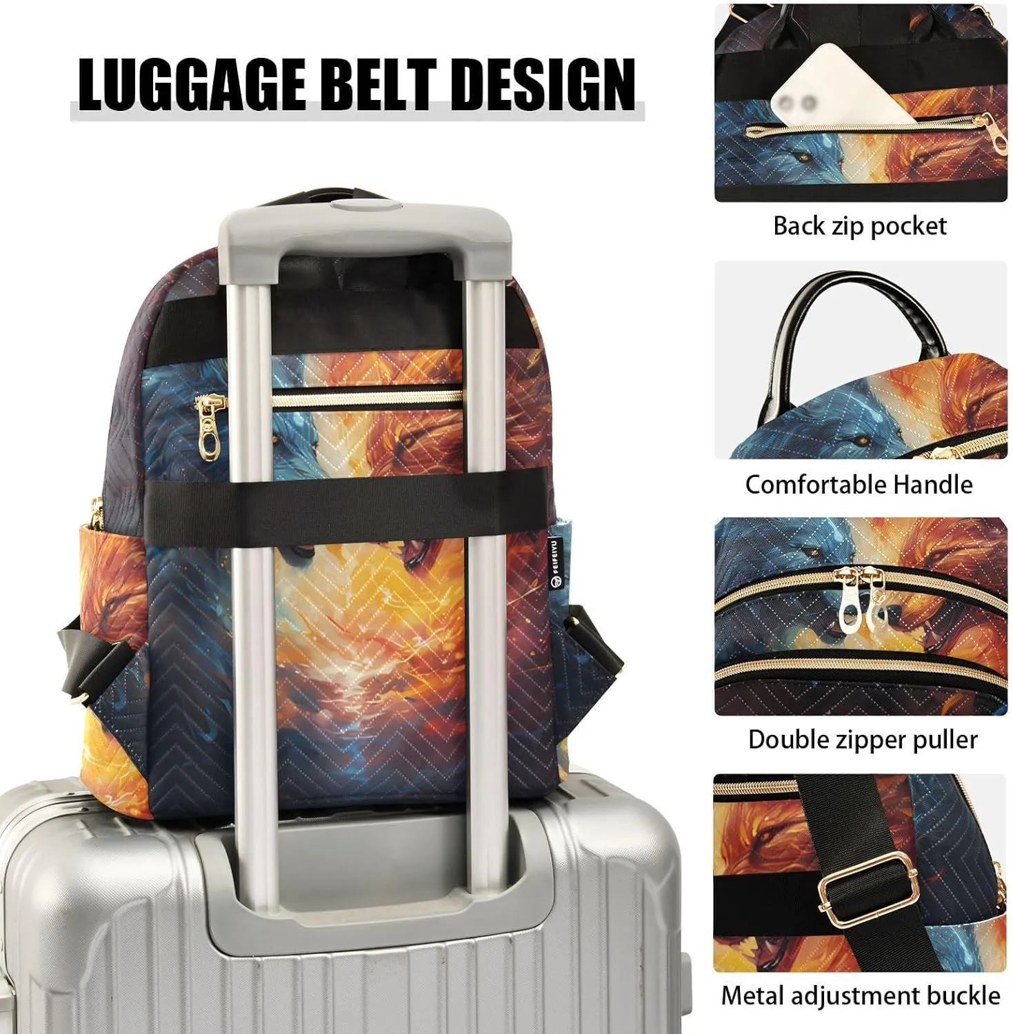 ALAZA Women Mini Backpack Purse Bag Lightweight Casual Daily Travel Backpack Blue and Orange Fire Wolfs Back Pack Fashion Multipurpose Shoulder Bag,M