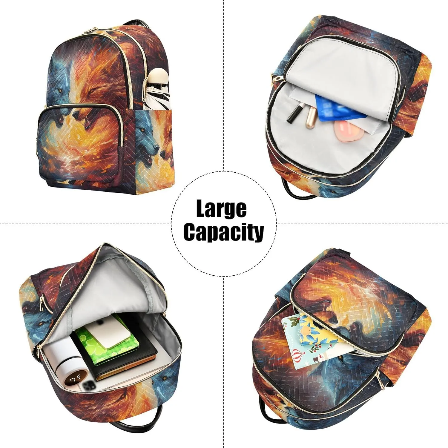 ALAZA Women Mini Backpack Purse Bag Lightweight Casual Daily Travel Backpack Blue and Orange Fire Wolfs Back Pack Fashion Multipurpose Shoulder Bag,M