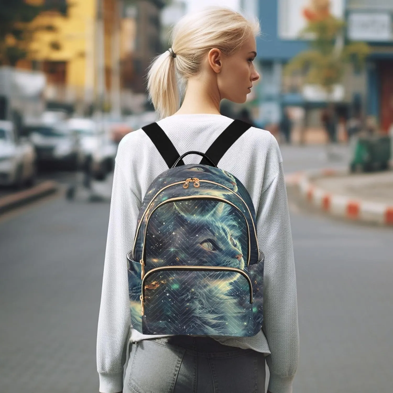 ALAZA Women Mini Backpack Purse Bag Lightweight Casual Daily Travel Backpack Cat Starry Sky Back Pack Fashion Multipurpose Shoulder Bag,M