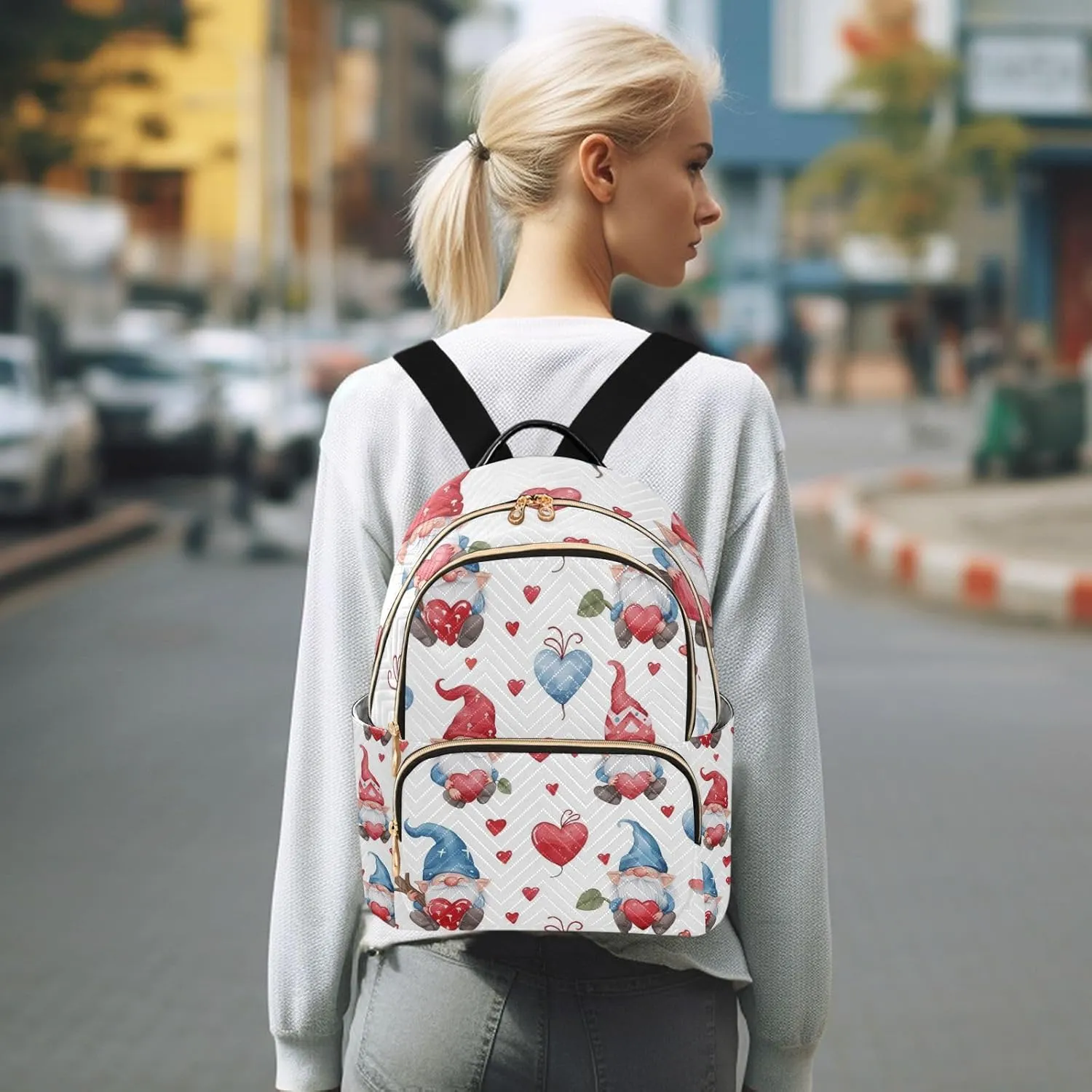 ALAZA Women Mini Backpack Purse Bag Lightweight Casual Daily Travel Backpack Cute Happy Gnome with Heart Back Pack Fashion Multipurpose Shoulder Bag,M