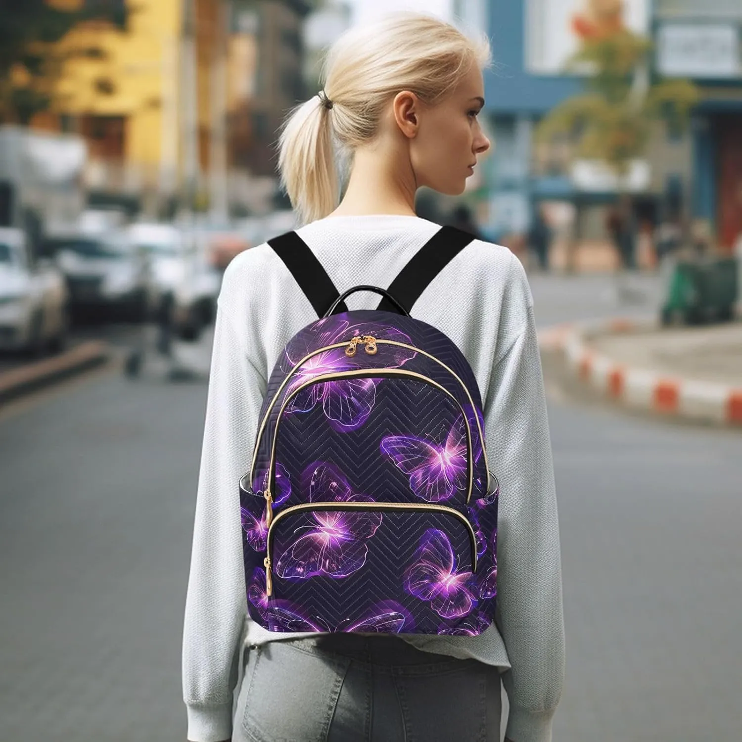 ALAZA Women Mini Backpack Purse Bag Lightweight Casual Daily Travel Backpack Doodle Purple Butterflies Back Pack Fashion Multipurpose Shoulder Bag,M