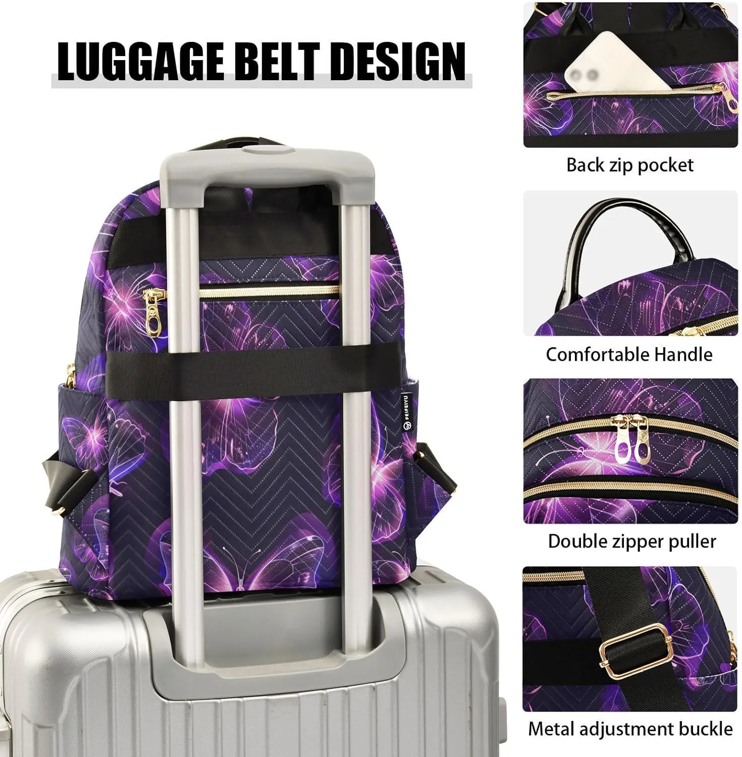 ALAZA Women Mini Backpack Purse Bag Lightweight Casual Daily Travel Backpack Doodle Purple Butterflies Back Pack Fashion Multipurpose Shoulder Bag,M