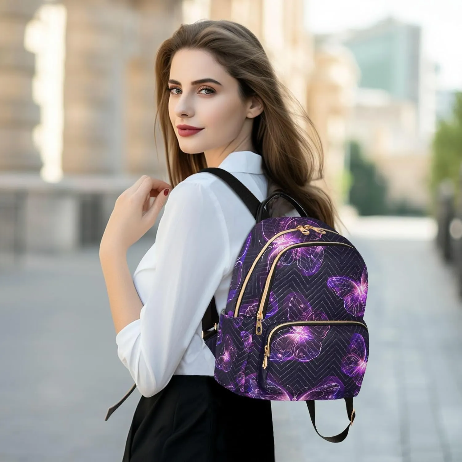 ALAZA Women Mini Backpack Purse Bag Lightweight Casual Daily Travel Backpack Doodle Purple Butterflies Back Pack Fashion Multipurpose Shoulder Bag,M