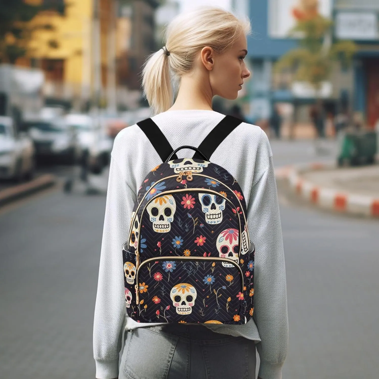 ALAZA Women Mini Backpack Purse Bag Lightweight Casual Daily Travel Backpack Floral Skull with Flower Back Pack Fashion Multipurpose Shoulder Bag,M
