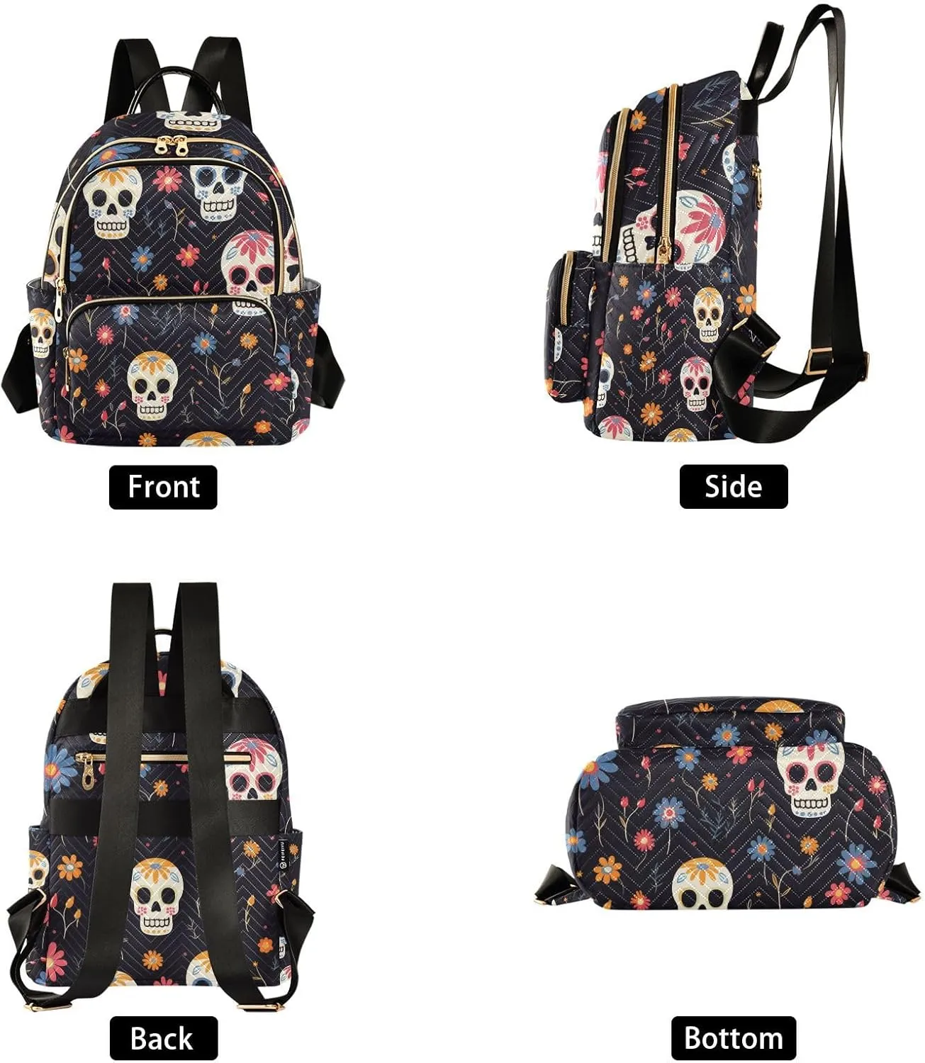 ALAZA Women Mini Backpack Purse Bag Lightweight Casual Daily Travel Backpack Floral Skull with Flower Back Pack Fashion Multipurpose Shoulder Bag,M