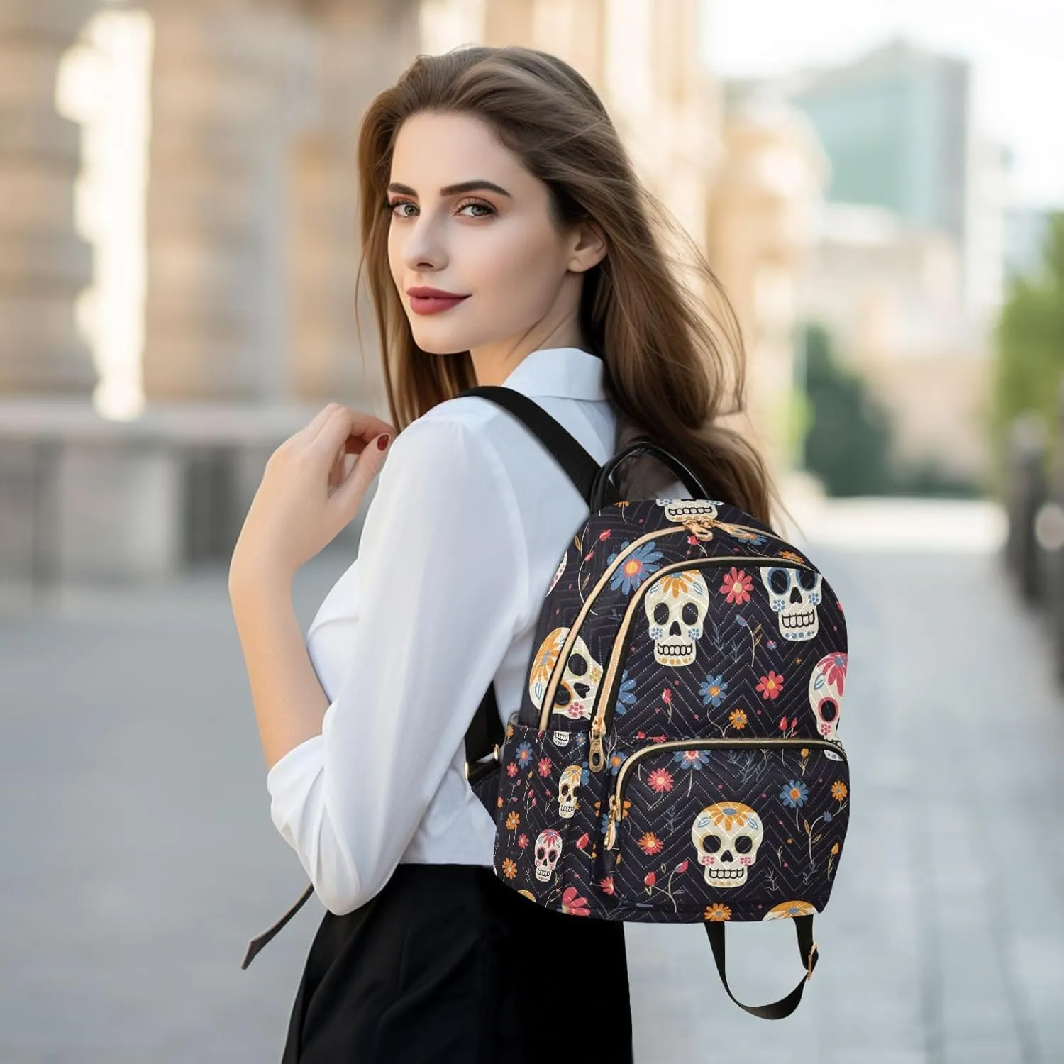 ALAZA Women Mini Backpack Purse Bag Lightweight Casual Daily Travel Backpack Floral Skull with Flower Back Pack Fashion Multipurpose Shoulder Bag,M