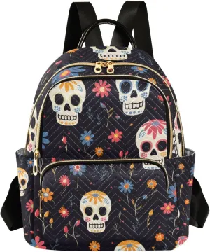 ALAZA Women Mini Backpack Purse Bag Lightweight Casual Daily Travel Backpack Floral Skull with Flower Back Pack Fashion Multipurpose Shoulder Bag,M