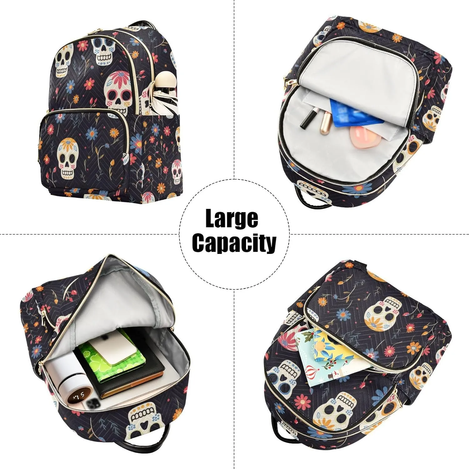 ALAZA Women Mini Backpack Purse Bag Lightweight Casual Daily Travel Backpack Floral Skull with Flower Back Pack Fashion Multipurpose Shoulder Bag,M