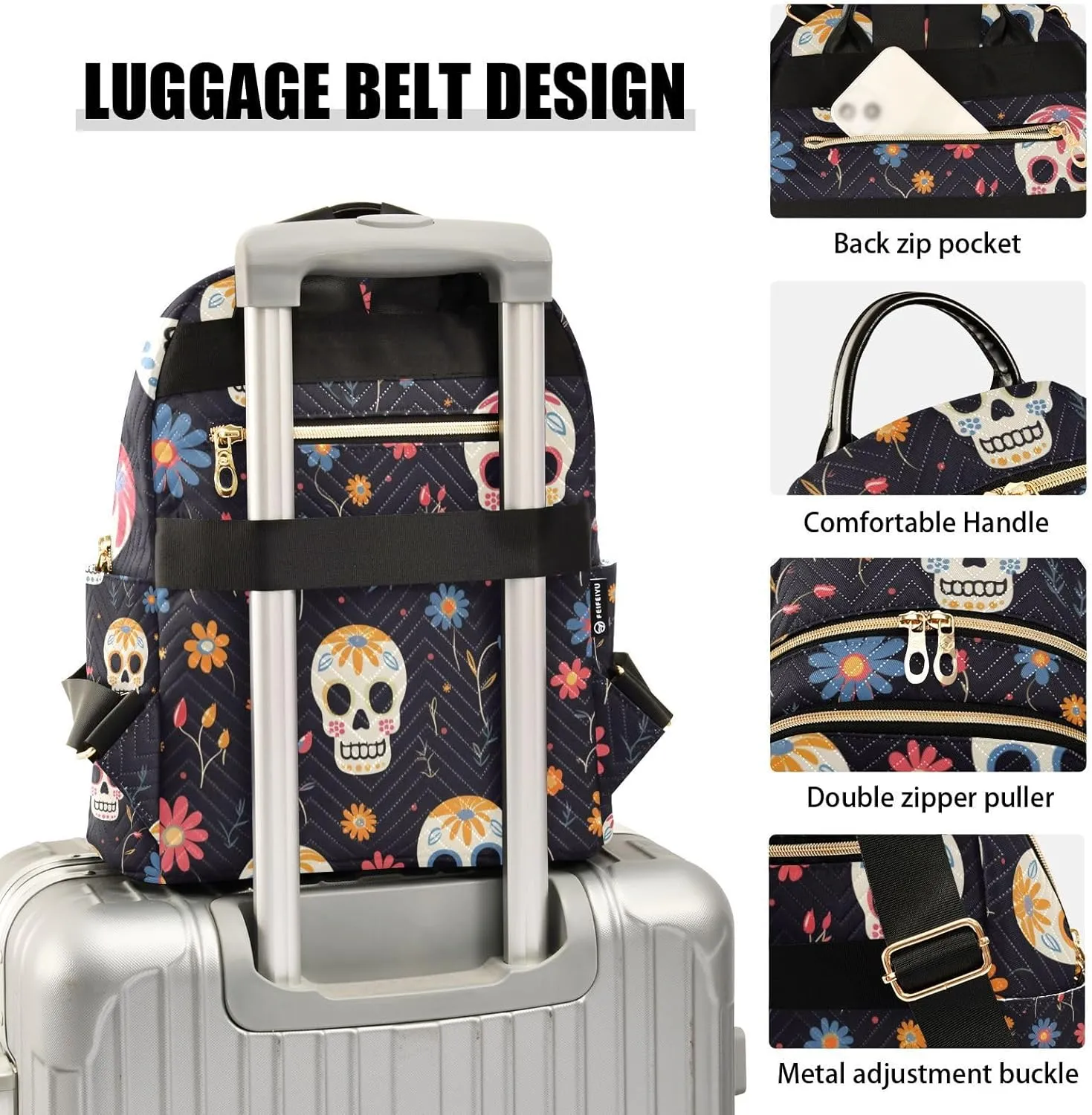 ALAZA Women Mini Backpack Purse Bag Lightweight Casual Daily Travel Backpack Floral Skull with Flower Back Pack Fashion Multipurpose Shoulder Bag,M