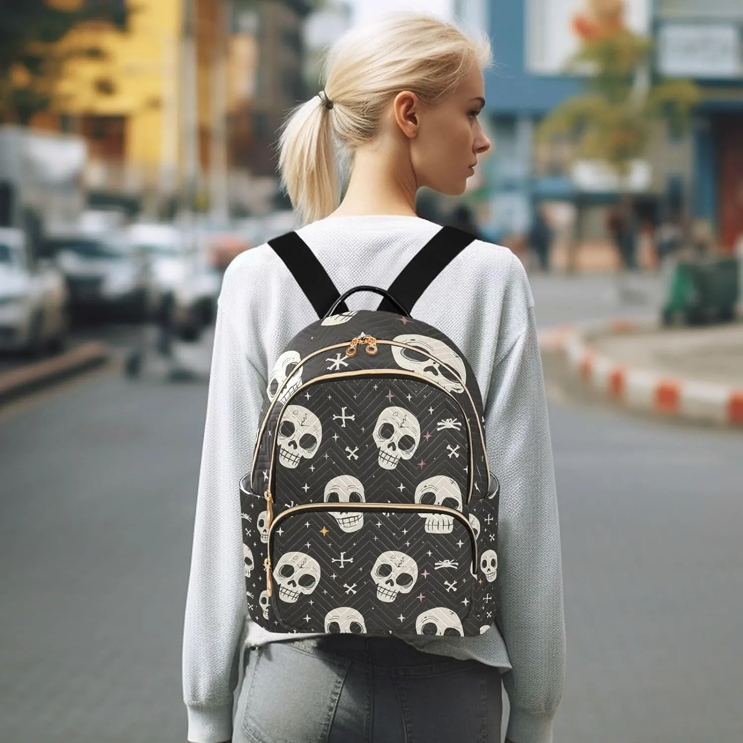 ALAZA Women Mini Backpack Purse Bag Lightweight Casual Daily Travel Backpack Human Skeleton Cross Bone Back Pack Fashion Multipurpose Shoulder Bag,M