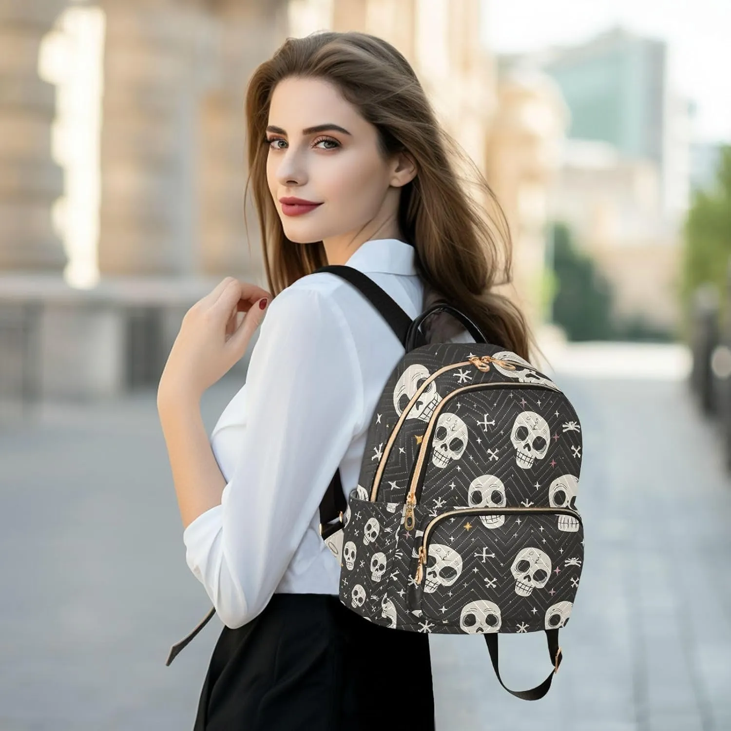 ALAZA Women Mini Backpack Purse Bag Lightweight Casual Daily Travel Backpack Human Skeleton Cross Bone Back Pack Fashion Multipurpose Shoulder Bag,M
