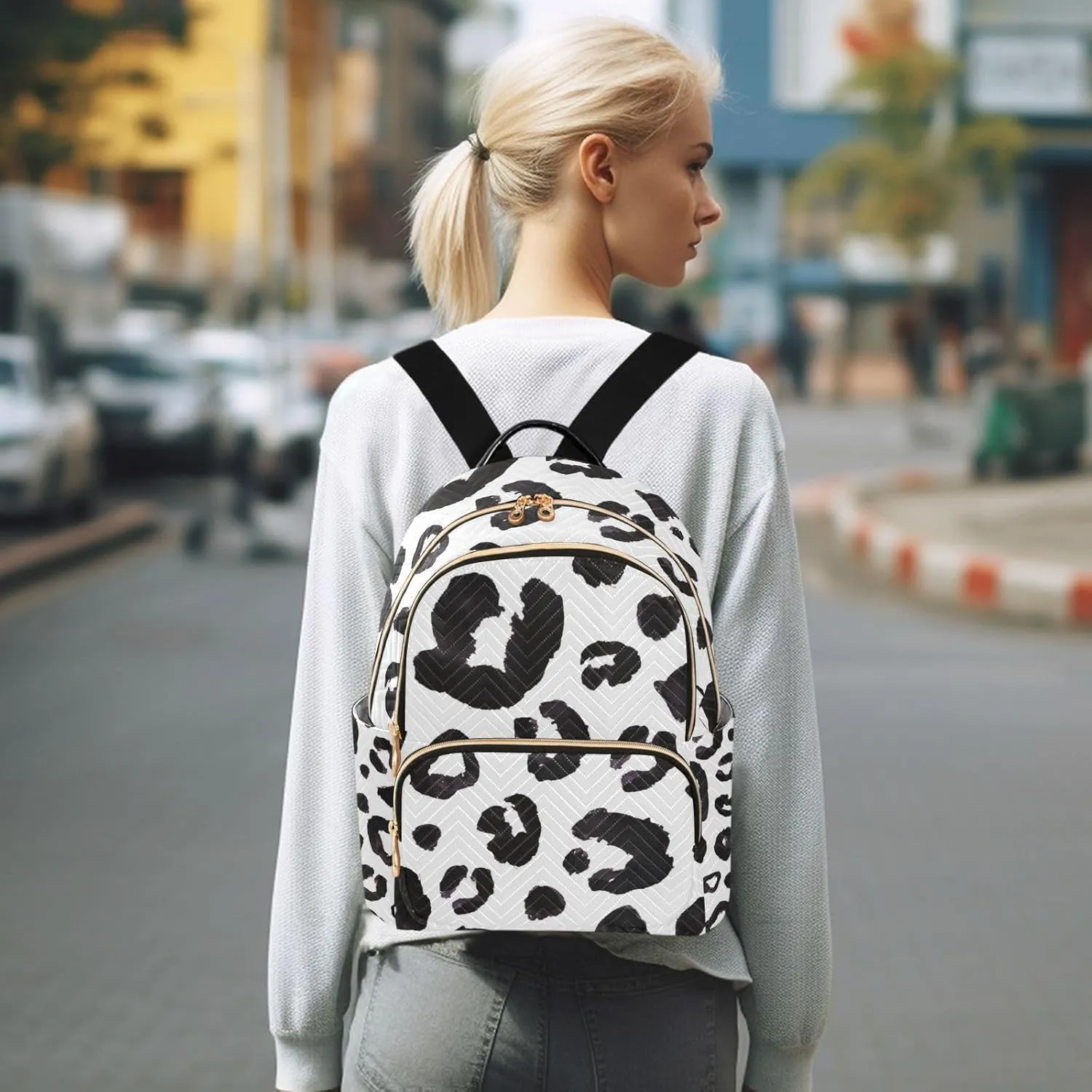 ALAZA Women Mini Backpack Purse Bag Lightweight Casual Daily Travel Backpack Leopard Print Cheetah Black White Back Pack Fashion Multipurpose Shoulder Bag,S