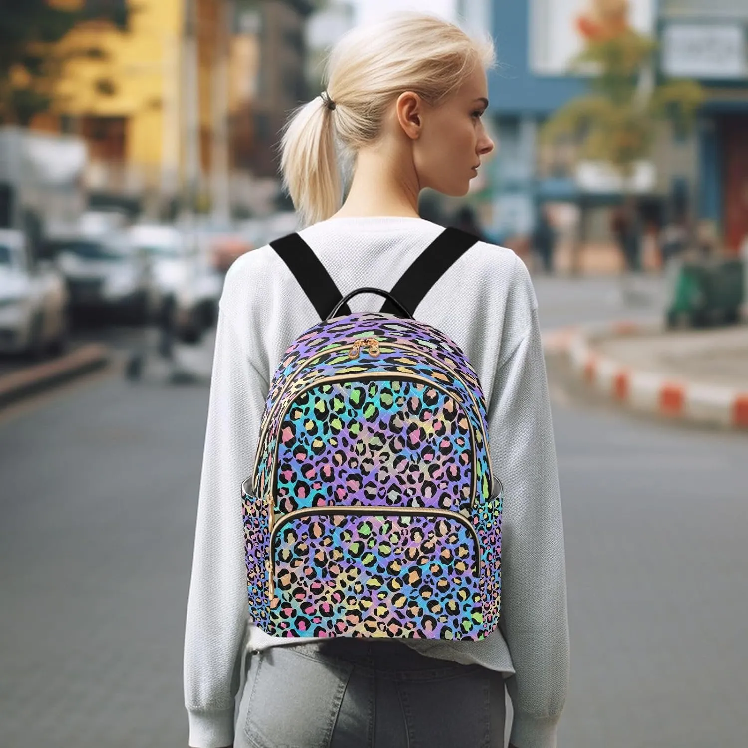ALAZA Women Mini Backpack Purse Bag Lightweight Casual Daily Travel Backpack Leopard Print Puple Blue Cheetah Back Pack Fashion Multipurpose Shoulder Bag,S