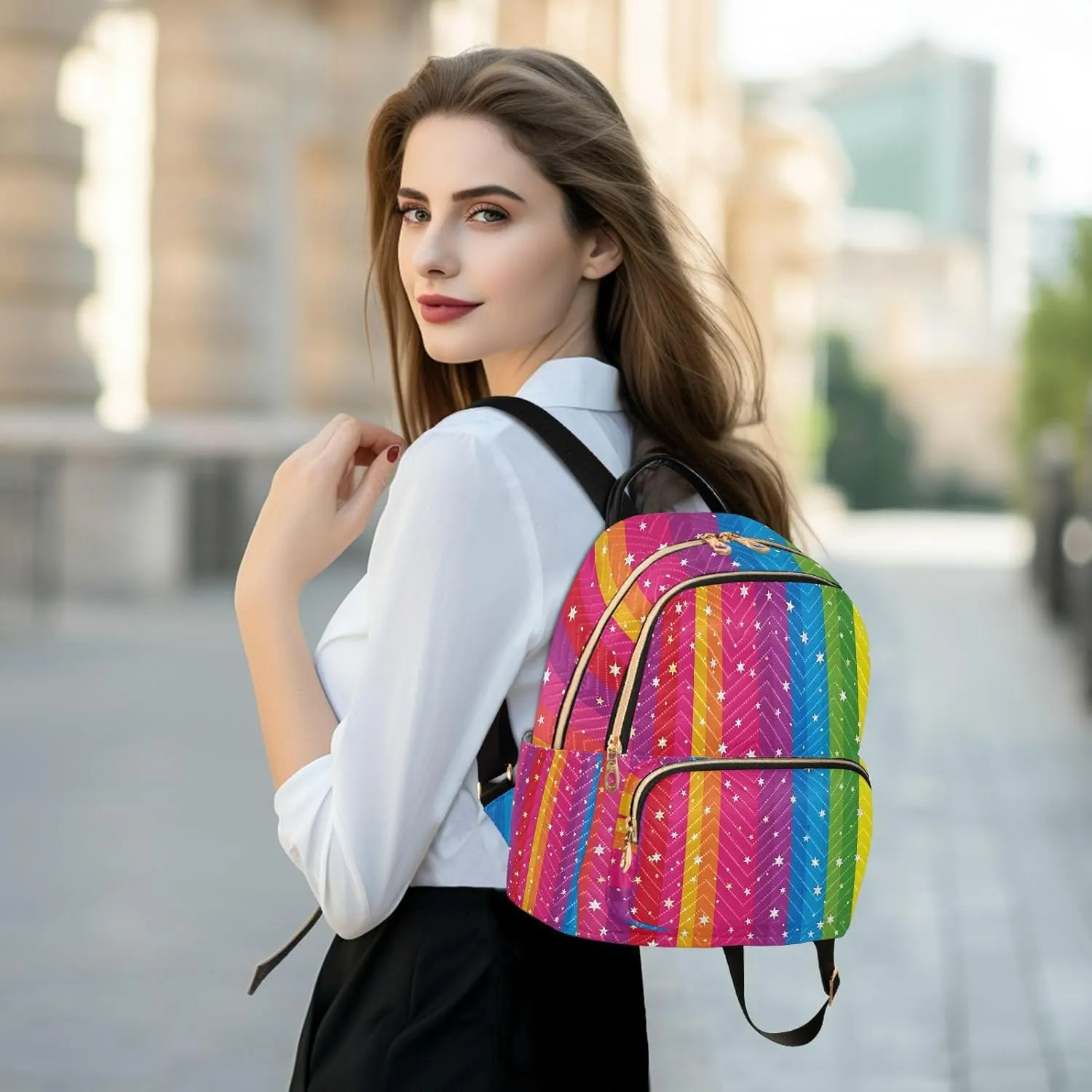 ALAZA Women Mini Backpack Purse Bag Lightweight Casual Daily Travel Backpack Rainbow Stripes and Star Back Pack Fashion Multipurpose Shoulder Bag,S