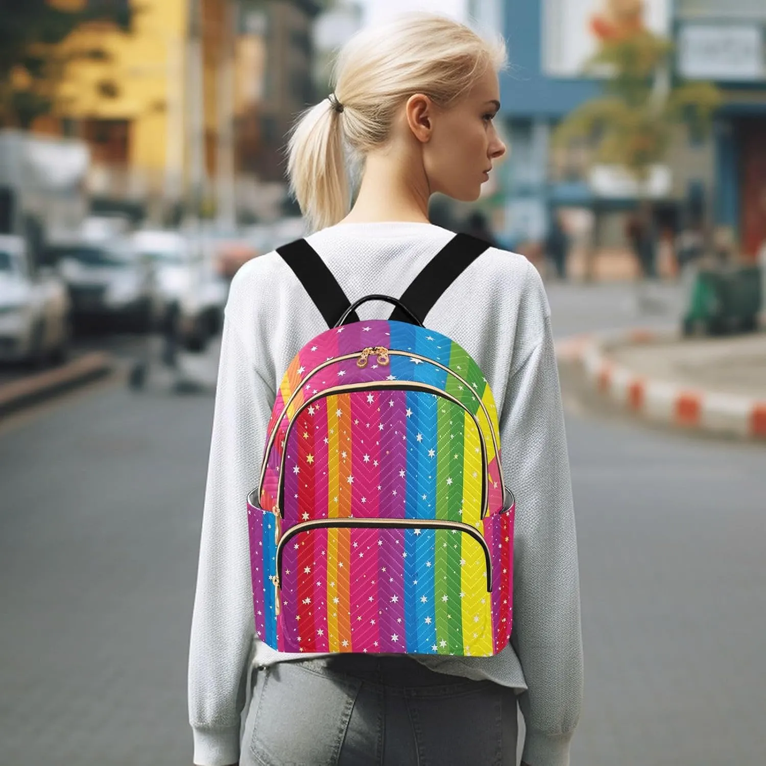ALAZA Women Mini Backpack Purse Bag Lightweight Casual Daily Travel Backpack Rainbow Stripes and Star Back Pack Fashion Multipurpose Shoulder Bag,S