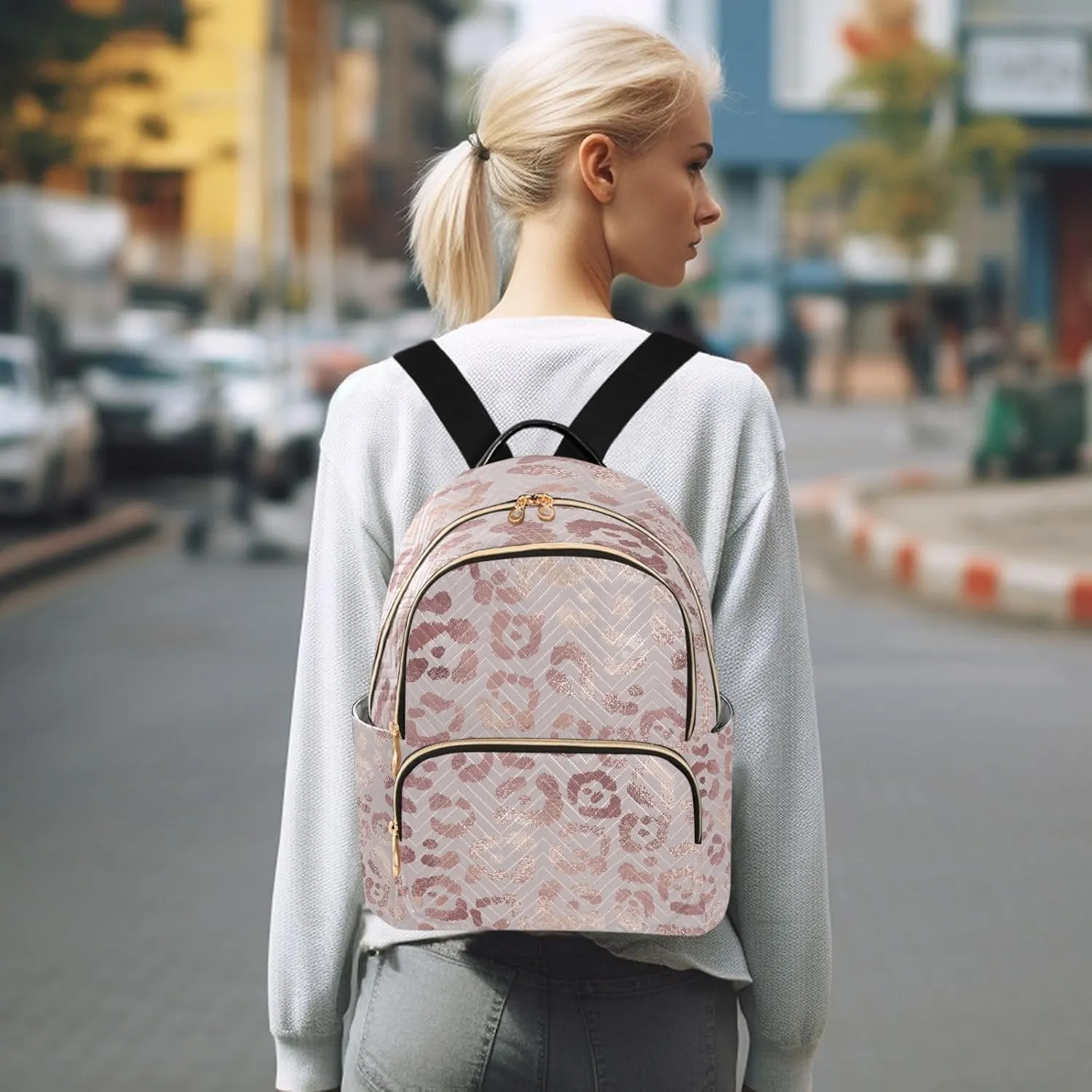 ALAZA Women Mini Backpack Purse Bag Lightweight Casual Daily Travel Backpack Rose Gold Leopard Pink Cheetah Print Back Pack Fashion Multipurpose Shoulder Bag,S