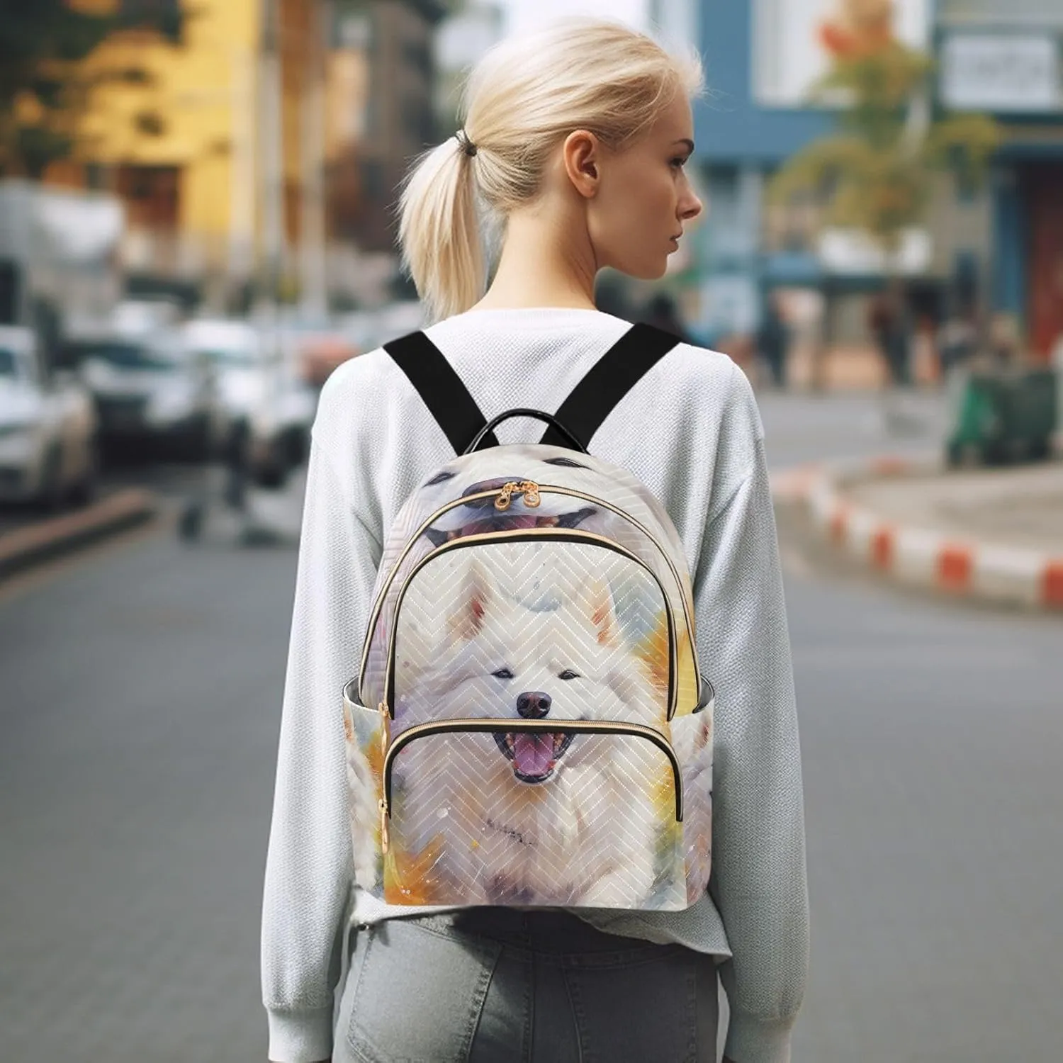 ALAZA Women Mini Backpack Purse Bag Lightweight Casual Daily Travel Backpack Watercolor American Eskimo Dog Back Pack Fashion Multipurpose Shoulder Bag,M