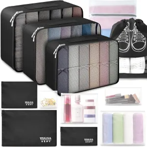 ALL INCLUDED - 12 Set Packing Cubes for Suitcases Carry On, Travel Essentials/Accessories Luggage Organizer Bags Set, Includes Cubes, Shoes Bag, Matte Cosmetic Bag, Laundry Bag (Black)