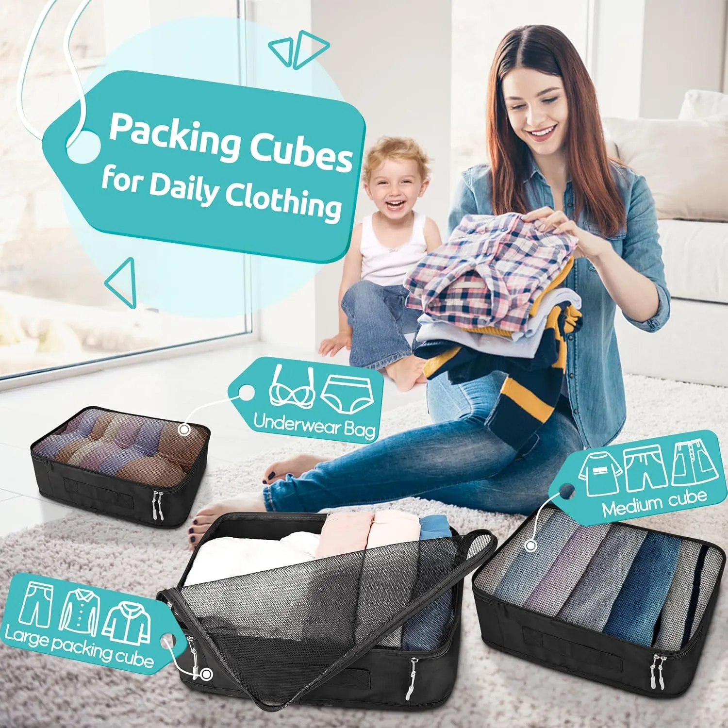ALL INCLUDED - 12 Set Packing Cubes for Suitcases Carry On, Travel Essentials/Accessories Luggage Organizer Bags Set, Includes Cubes, Shoes Bag, Matte Cosmetic Bag, Laundry Bag (Black)