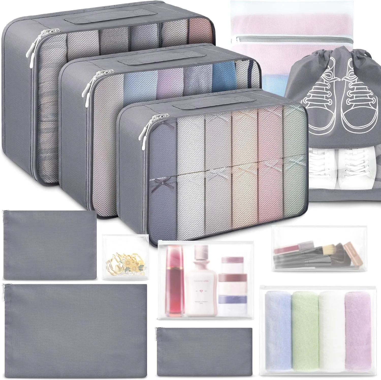 ALL INCLUDED - 12 Set Packing Cubes for Suitcases Carry On, Travel Essentials/Accessories Luggage Organizer Bags Set, Includes Cubes, Shoes Bag, Matte Cosmetic Bag, Laundry Bag (Gray)