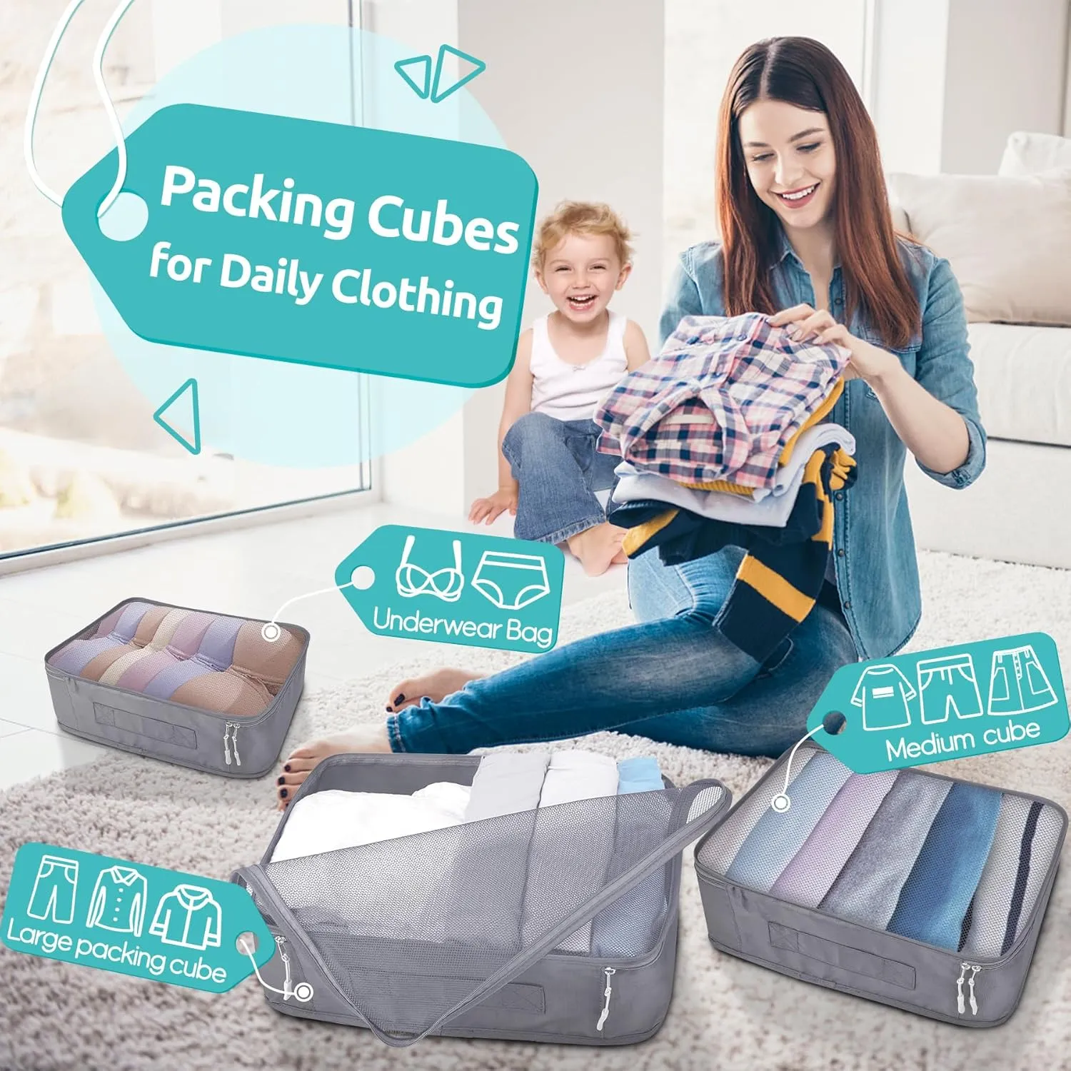 ALL INCLUDED - 12 Set Packing Cubes for Suitcases Carry On, Travel Essentials/Accessories Luggage Organizer Bags Set, Includes Cubes, Shoes Bag, Matte Cosmetic Bag, Laundry Bag (Gray)
