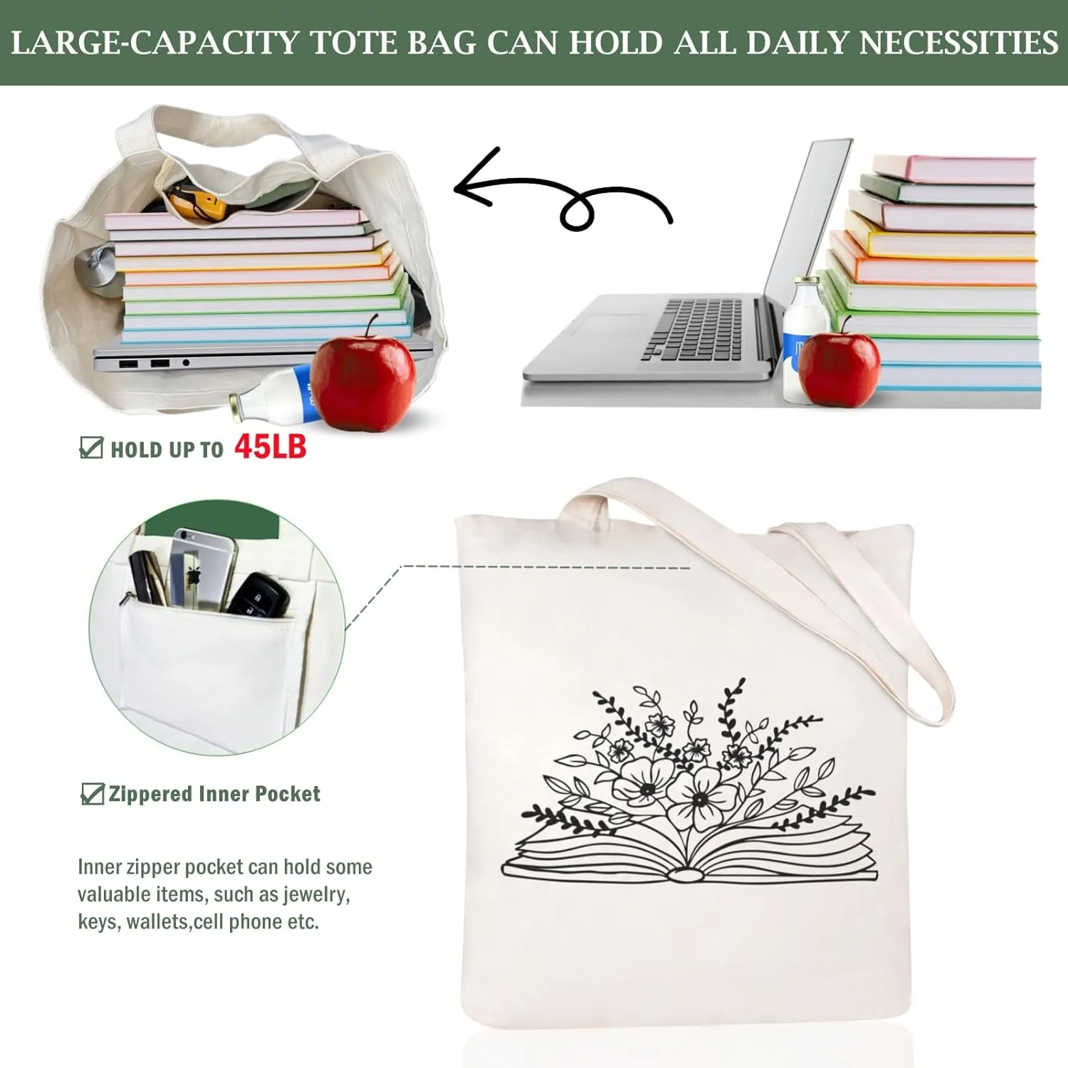 Andeiltech Canvas Tote Bag for Women Aesthetic Cute Cat Shopping Grocery Reusable Bags with Inner Zipper Women Gift
