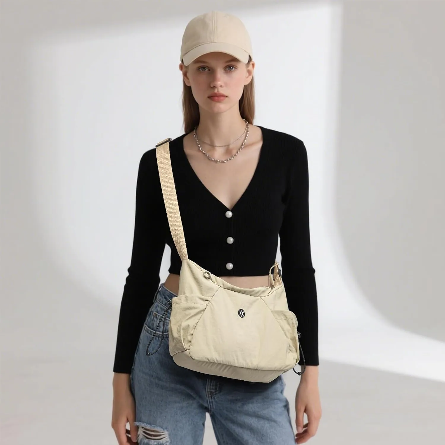 Axcone Hobo Bag for Women Nylon Crossbody Bag Multi-Pocket Sling Bag Roomy Lightweight Casual Shoulder Bag Adjustable Strap