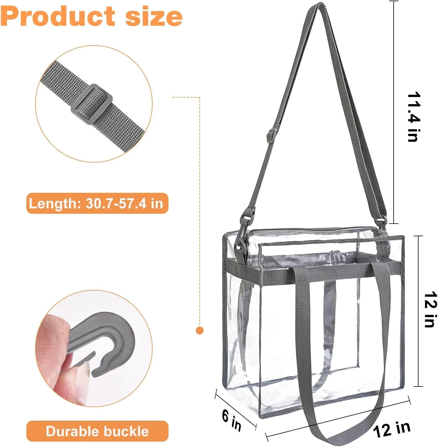 BAGAIL Clear Bags Stadium Approved Clear Tote Bag with Zipper Closure Crossbody Messenger Shoulder Bag with Adjustable Strap