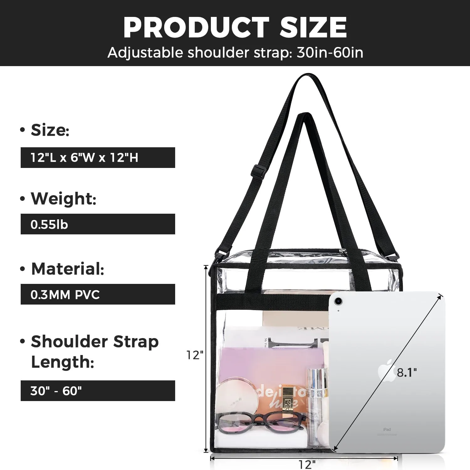 BAGAIL Clear Bags Stadium Approved Clear Tote Bag with Zipper Closure Crossbody Messenger Shoulder Bag with Adjustable Strap