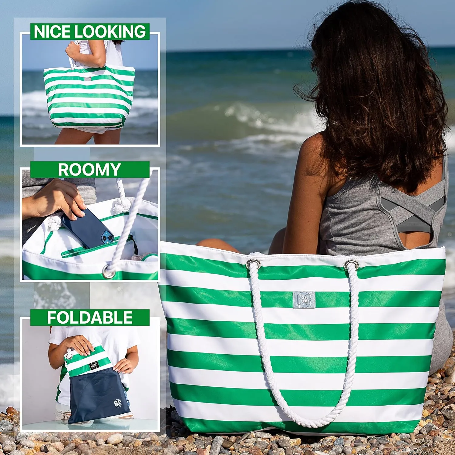 Bag&Carry Large Beach Tote Bag With Zipper - XL Beach Bags Waterproof Sandproof - Oversized Beach Bag With Pockets
