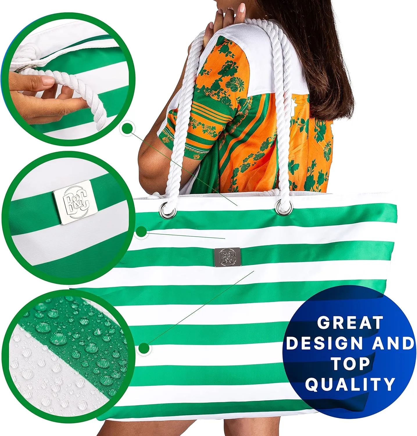 Bag&Carry Large Beach Tote Bag With Zipper - XL Beach Bags Waterproof Sandproof - Oversized Beach Bag With Pockets